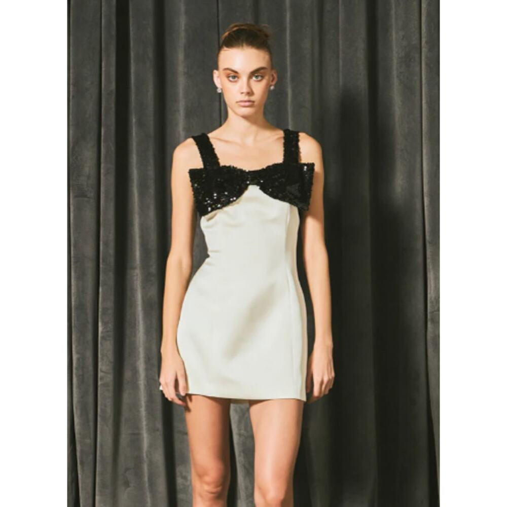 Endless Rose Sequin Bow Sleeveless Square Neck Mini Dress Cream/Black Women's S - Picture 2 of 10